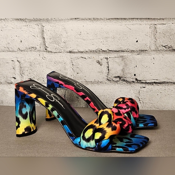 Jessica Simpson Shoes - Jessica Simpson Rainbow Leopard Knot Heels Slide Sandals Size 7.5